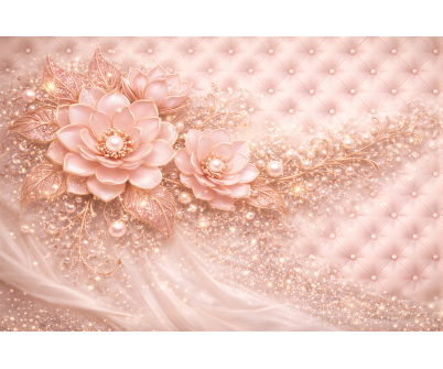 Луксозен фототапет с розово-златни цветя и перлен блясък